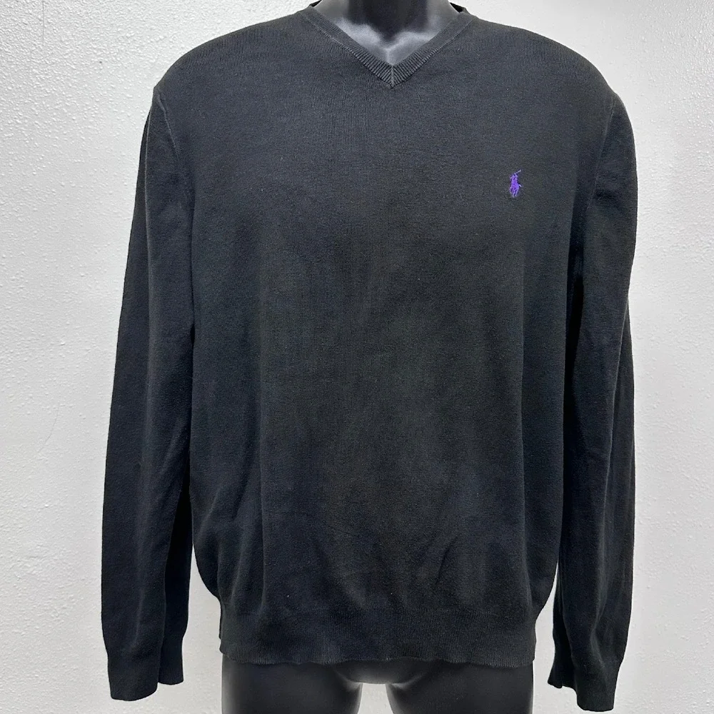 Polo Ralph Lauren Pima Cotton‎ V-Neck Sweater Purple Logo Black L